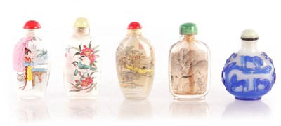 Lot 358 - A COLLECTION OF FIVE CHINESE GLASS AND ENAMEL SNUFF BOTTLES