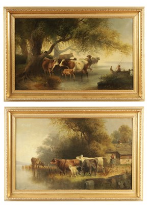 Lot 1227 - A PAIR OF 19TH CENTURY OIL ON CANVAS COWS IN TREE LINED LANDSCAPES INDISTINCTLY SIGNED