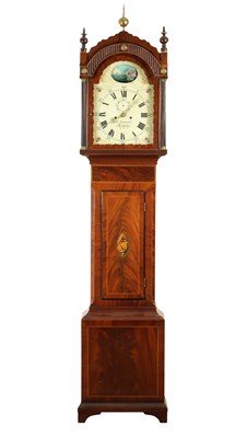 Lot 1339 - R. SYMONDS, REEPHAM. A LATE GEORGE III INLAID MAHOGANY PAINTED DIAL ROCKING SHIP AUTOMATION EIGHT-DAY LONGCASE CLOCK