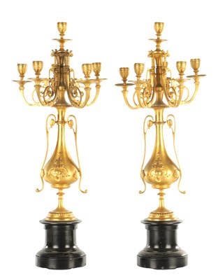 Lot 845 - A PAIR OF 19TH CENTURY GILT BRONZE FIVE BRANCH CANDELABRA
