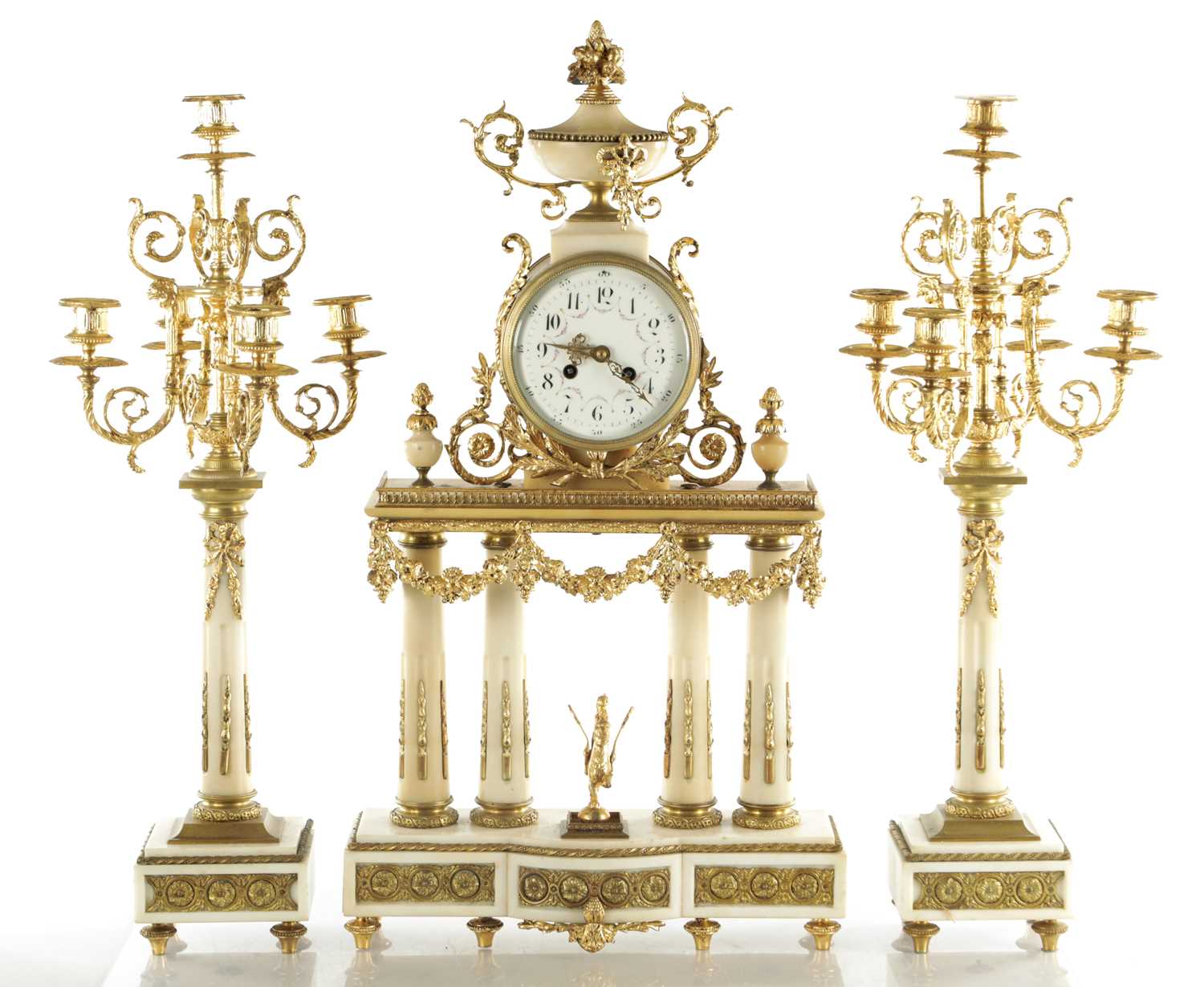 Lot 1354 - A LARGE LATE 19TH CENTURY ORMOLU AND WHITE MARBLE CLOCK GARNITURE