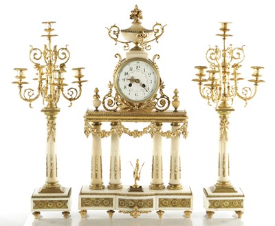 Lot 1354 - A LARGE LATE 19TH CENTURY ORMOLU AND WHITE MARBLE CLOCK GARNITURE