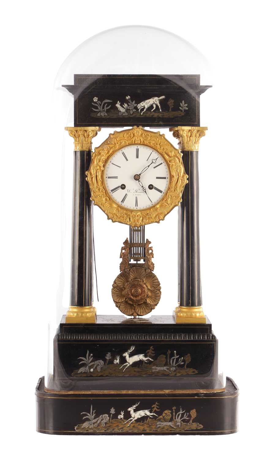 Lot 1452 - W. PROMOLIE A PARIS. A MID 19TH CENTURY FRENCH ORMOLU MOUNTED EBONISED AND INLAID MANTEL CLOCK