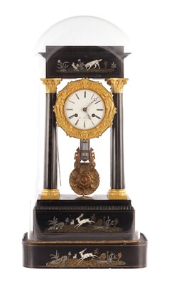 Lot 1452 - W. PROMOLIE A PARIS. A MID 19TH CENTURY FRENCH ORMOLU MOUNTED EBONISED AND INLAID MANTEL CLOCK