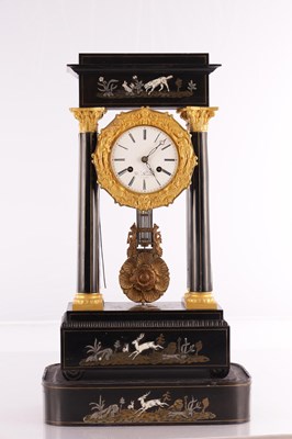 Lot 1452 - W. PROMOLIE A PARIS. A MID 19TH CENTURY FRENCH ORMOLU MOUNTED EBONISED AND INLAID MANTEL CLOCK