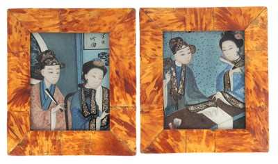 Lot 405 - A PAIR OF 19TH CENTURY CHINESE REVERSE PAINTED PICTURES