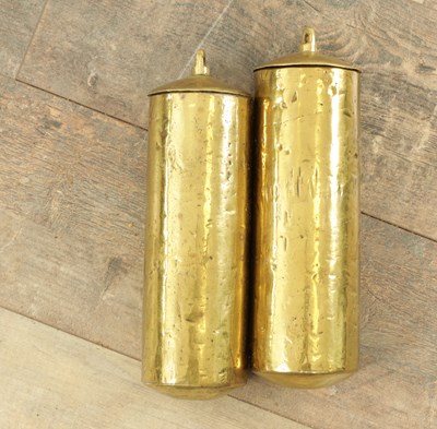 Lot 1526 - A PAIR OF EARLY 18TH CENTURY BRASS CASED LONGCASE CLOCK WEIGHTS