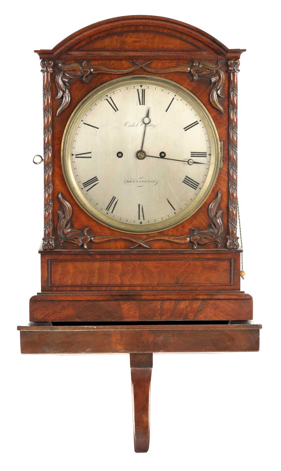 Lot 1333 - CALEB CHITTY, KENNINGTON. A WILLIAM IV FIGURED MAHOGANY BRACKET CLOCK AND BRACKET