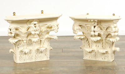 Lot 750 - A PAIR OF 19TH CENTURY PAINTED CARVED WOOD CORINTHIAN COLUMN HEADS / WALL BRACKETS