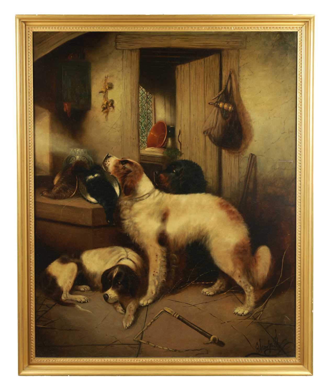 Lot 1215 - GEORGE ARMFIELD (1810 - 1893). A LARGE 19TH CENTURY OIL ON CANVAS "THE SPORTSMAN'S DOGS"