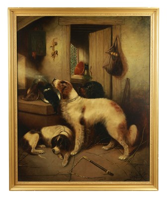 Lot 1215 - GEORGE ARMFIELD (1810 - 1893). A LARGE 19TH CENTURY OIL ON CANVAS "THE SPORTSMAN'S DOGS"