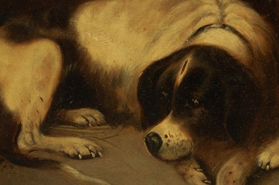 Lot 1215 - GEORGE ARMFIELD (1810 - 1893). A LARGE 19TH CENTURY OIL ON CANVAS "THE SPORTSMAN'S DOGS"