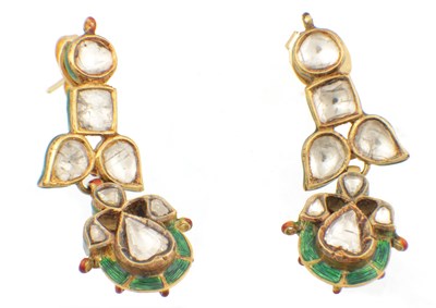 Lot 144 - A PAIR OF GOLD AND ENAMEL HAND CUT DIAMOND SET PENDANT EARRINGS
