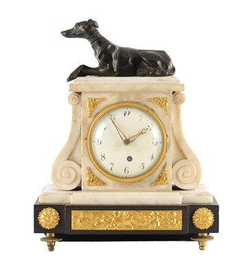 Lot 1384 - A REGENCY BRONZE, MARBLE AND ORMOLU FUSEE MANTEL CLOCK