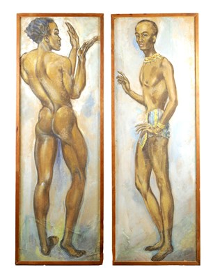 Lot 1165 - A PAIR OF EARLY 20TH CENTURY FRENCH COLONIAL WATERCOLOURS FULL LENGTH PORTRAITS OF STANDING NUDE AND SEMI NUDE FIGURES