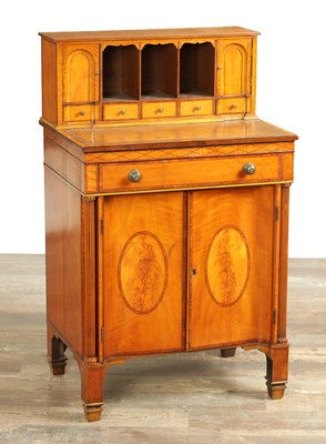 Lot 1657 - A GEORGE III FIGURED SATINWOOD WRITING CABINET