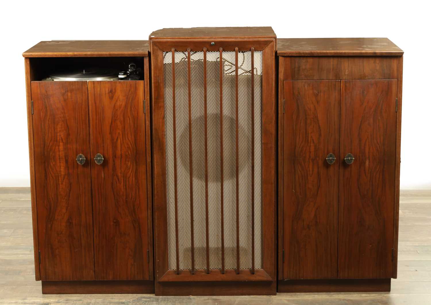 Lot 1020 - A THORENS TD 124 TURNTABLE WALNUT MUSIC CABINET