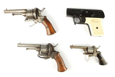 Lot A PAIR OF BELGIUM 8MM PIN FIRE SIX SHOT REVOLVERS, AND TWO PISTOLS