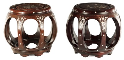 Lot A CHINESE HARDWOOD AND MOTHER OF PEARL INLAID CORNER CHJAIR, AND A PAIR OF STOOLS