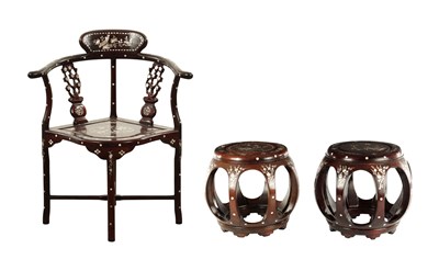 Lot 15 - A CHINESE HARDWOOD AND MOTHER OF PEARL INLAID CORNER CHJAIR, AND A PAIR OF STOOLS