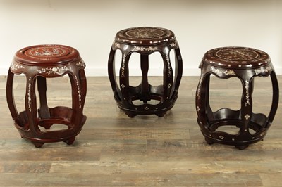 Lot A SET OF THREE CHINESE ROSEWOOD AND MOTHER OF PEARL INLAID STOOLS