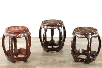 Lot 92 - A SET OF THREE CHINESE ROSEWOOD AND MOTHER OF PEARL INLAID STOOLS