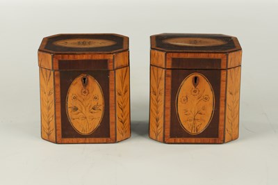 Lot 700 - A PAIR OF GEORGIAN MAHOGANY AND SATINWOOD PENWORK TEA CADDIES
