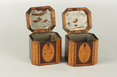 Lot 700 - A PAIR OF GEORGIAN MAHOGANY AND SATINWOOD PENWORK TEA CADDIES