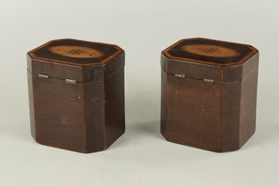 Lot 700 - A PAIR OF GEORGIAN MAHOGANY AND SATINWOOD PENWORK TEA CADDIES