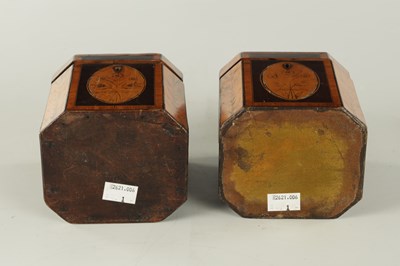 Lot 700 - A PAIR OF GEORGIAN MAHOGANY AND SATINWOOD PENWORK TEA CADDIES