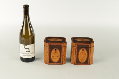 Lot 700 - A PAIR OF GEORGIAN MAHOGANY AND SATINWOOD PENWORK TEA CADDIES