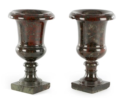 Lot 594 - A PAIR OF 19TH CENTURY SERPENTINE MARBLE URNS