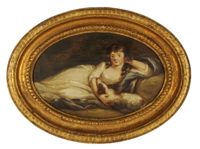 Lot AN 18TH CENTURY OIL ON BOARD OF A YOUNG GIRL WITH DOG