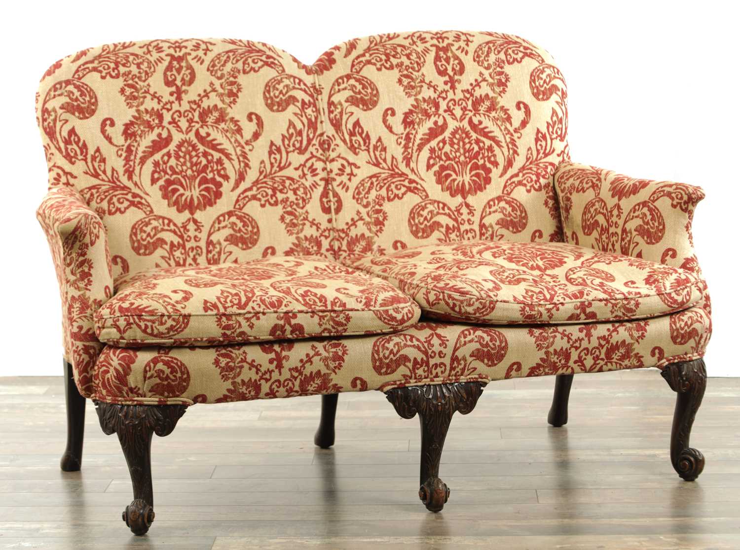 Lot 1315 - A GEORGE II STYLE TWO SEATER CARVED MAHOGANY SETTEE