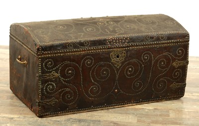 Lot 1137 - JOHN CLEMENTS, TRUNK MAKER. AN 18TH CENTURY LEATHER BOUND AND BRASS STUDWORK DOMED TOP TRUNK