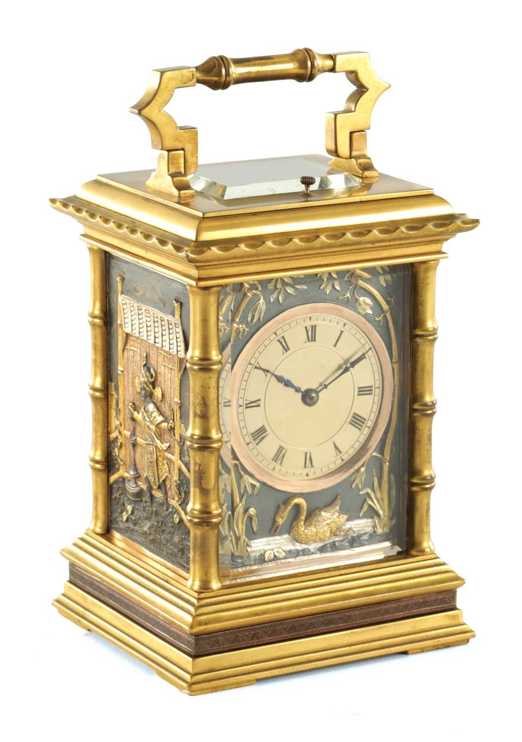 Lot 948 - A FINE LATE 19TH CENTURY FRENCH REPEATING CARRIAGE CLOCK WITH BRONZE AND GILT HIGHLIGHTED ORIENTALIST PANELS