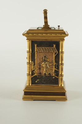 Lot 948 - A FINE LATE 19TH CENTURY FRENCH REPEATING CARRIAGE CLOCK WITH BRONZE AND GILT HIGHLIGHTED ORIENTALIST PANELS
