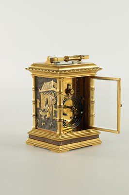 Lot 948 - A FINE LATE 19TH CENTURY FRENCH REPEATING CARRIAGE CLOCK WITH BRONZE AND GILT HIGHLIGHTED ORIENTALIST PANELS