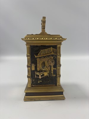 Lot 948 - A FINE LATE 19TH CENTURY FRENCH REPEATING CARRIAGE CLOCK WITH BRONZE AND GILT HIGHLIGHTED ORIENTALIST PANELS