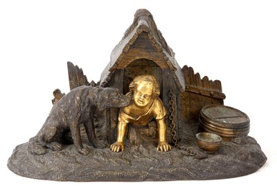 Lot 397 - A MID 19th CENTURY BRONZE AND ORMOLU INKWELL...