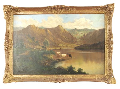 Lot 931 - A 19TH CENTURY OIL ON CANVAS CATTLE WATERING IN A MOUNTAINOUS LANDSCAPE