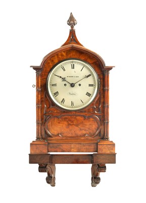 Lot 1023 - A 19TH CENTURY BURR WALNUT DOUBLE FUSEE BRACKET CLOCK WITH BRACKET
