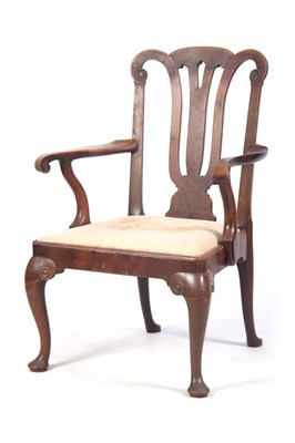 Lot A 19TH CENTURY GEORGE I STYLE WALNUT OPEN ARMCHAIR