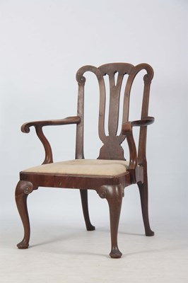 Lot 1150 - A 19TH CENTURY GEORGE I STYLE WALNUT OPEN ARMCHAIR
