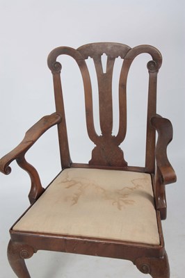 Lot 1150 - A 19TH CENTURY GEORGE I STYLE WALNUT OPEN ARMCHAIR