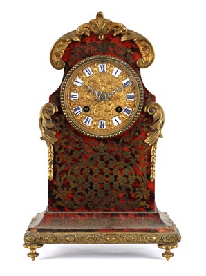 Lot 1056 - A LATE 19TH CENTURY FRENCH BOULLE TORTOISESHELL AND EBONISED MANTEL CLOCK