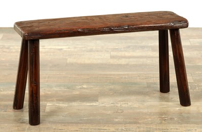 Lot A 19TH CENTURY ELM STOOL with plank top and chamfered legs