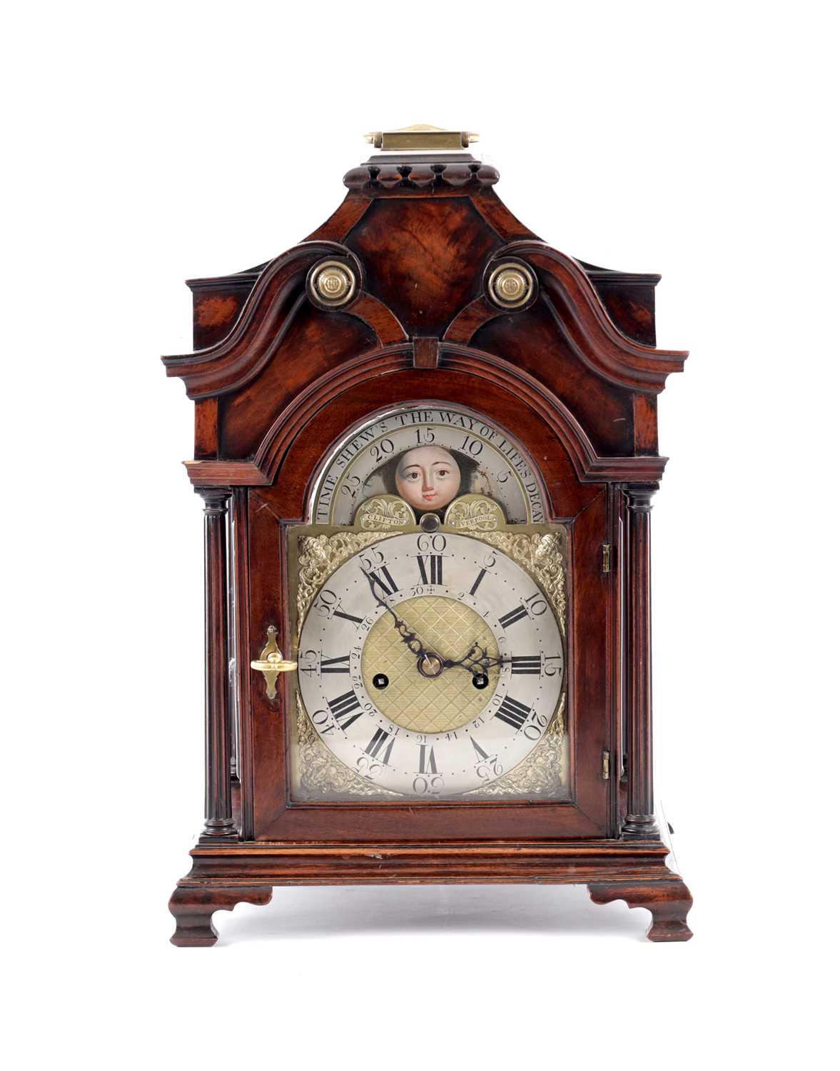 Lot 1035 - CLIFTON, LIVERPOOL. A GEORGE III LANCASHIRE MAHOGANY DOUBLE FUSEE BRACKET CLOCK