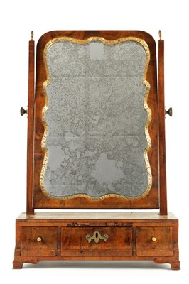 Lot 1198 - A GOOD GEORGE I GRENDEY STYLE FIGURED WALNUT AND PARCEL GILT TOILET MIRROR