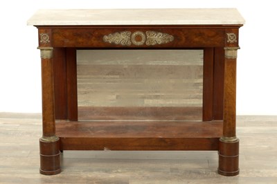 Lot 1223 - AN EARLY 19TH CENTURY FRENCH FIGURED MAHOGANY MARBLE TOPPED CONSOLE TABLE